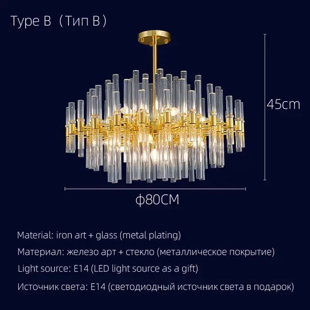 Gold-plated iron and clear glass DecorBites crystal chandelier with modern radial design pendant lighting for luxury spaces