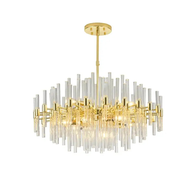 Gold finished decorbites crystal chandelier with clear glass rods radiating from a central hub for elegant lighting