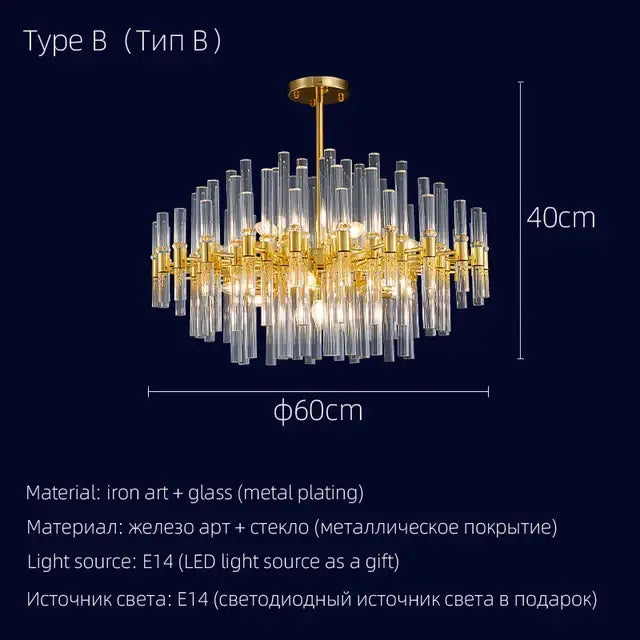 Gold-toned decorbites crystal chandelier with clear glass rods and brass fixture, 40cm height, 60cm diameter for luxury lighting