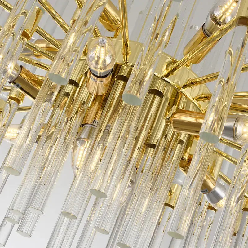 Decorbites crystal chandelier with golden frame clear glass tubes and exposed bulbs pendant lighting for luxury spaces