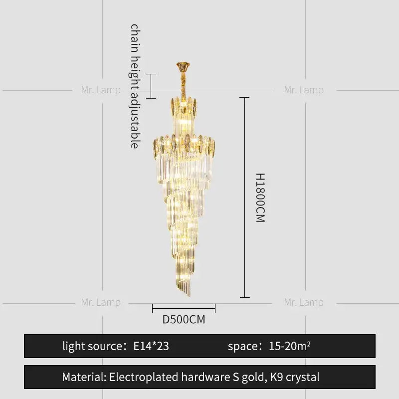 Gold electroplated decorbites crystal chandelier with cascading k9 crystal tiers for elegant duplex living room lighting