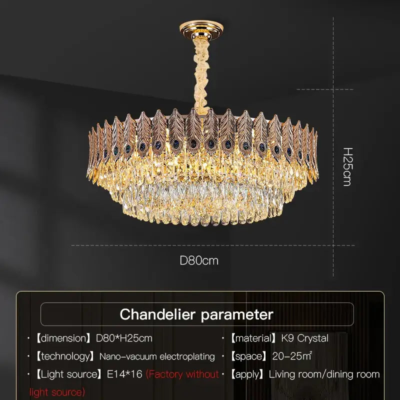 Gold-toned decorbites crystal chandelier with intricate peacock feather-shaped k9 crystal accents for elegant lighting