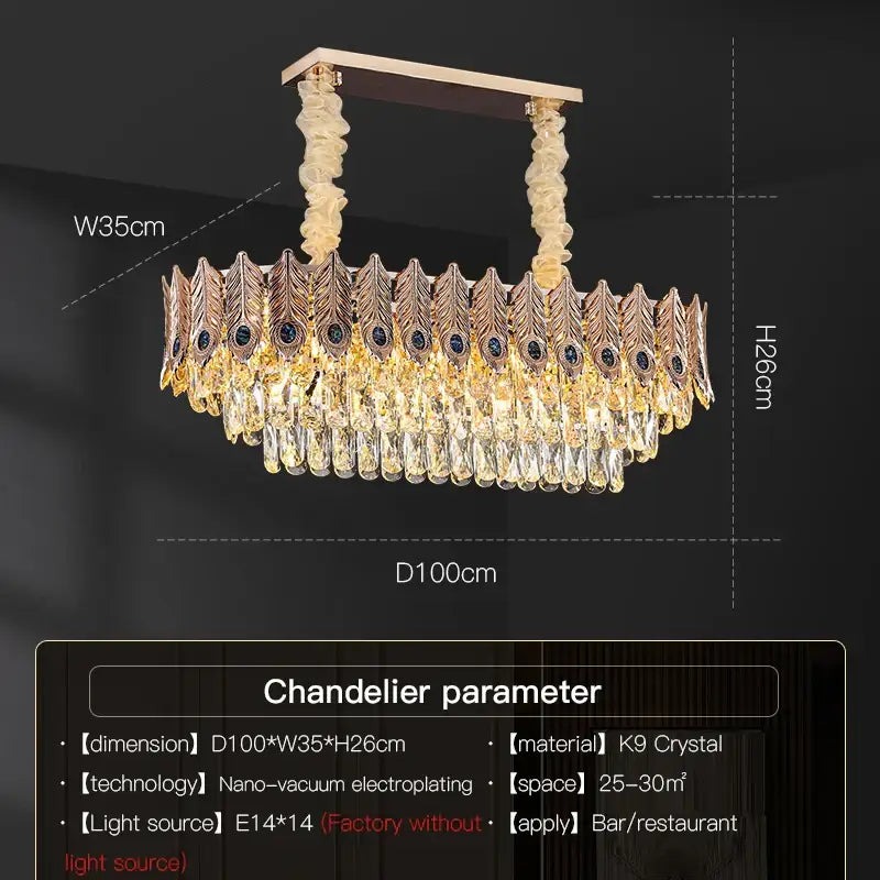 Elegant gold-toned DecorBites crystal chandelier with peacock feather design and cascading k9 crystal droplets for modern spaces