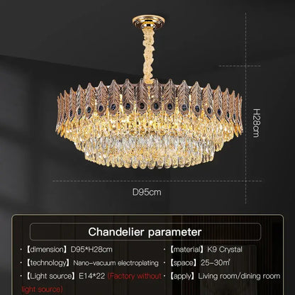 Gold-toned DecorBites crystal chandelier with intricate feather-shaped and cascading K9 crystal accents for elegant lighting