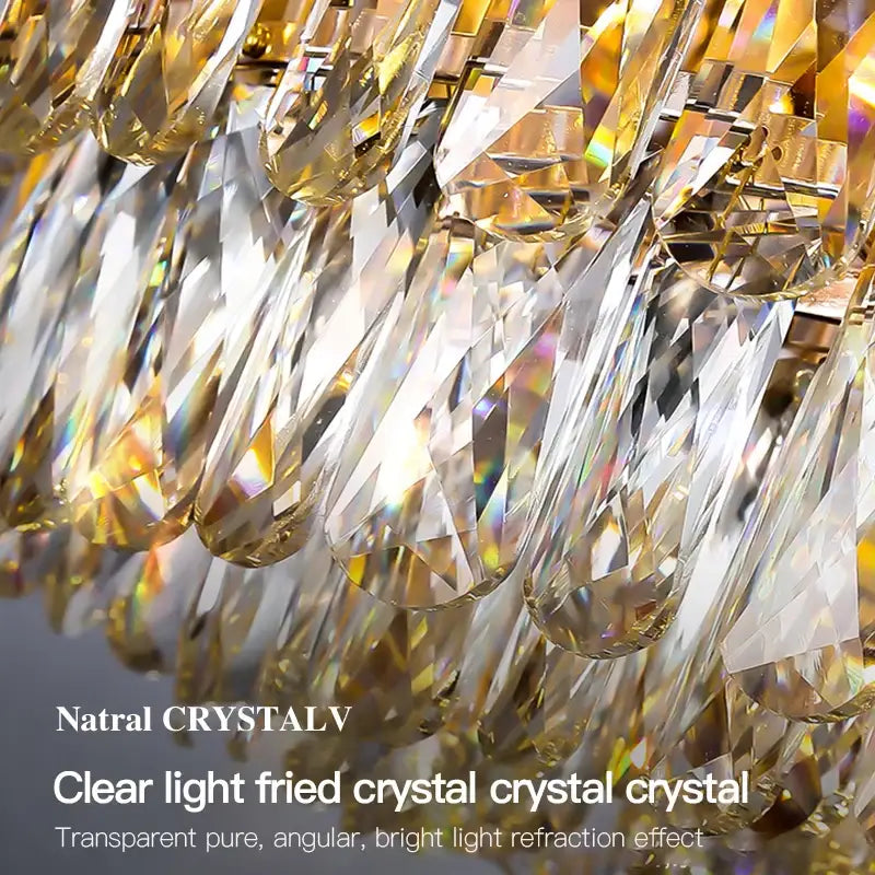 A decorbites crystal chandelier with clear angular crystals refracting golden light for elegant bedroom and living room lighting