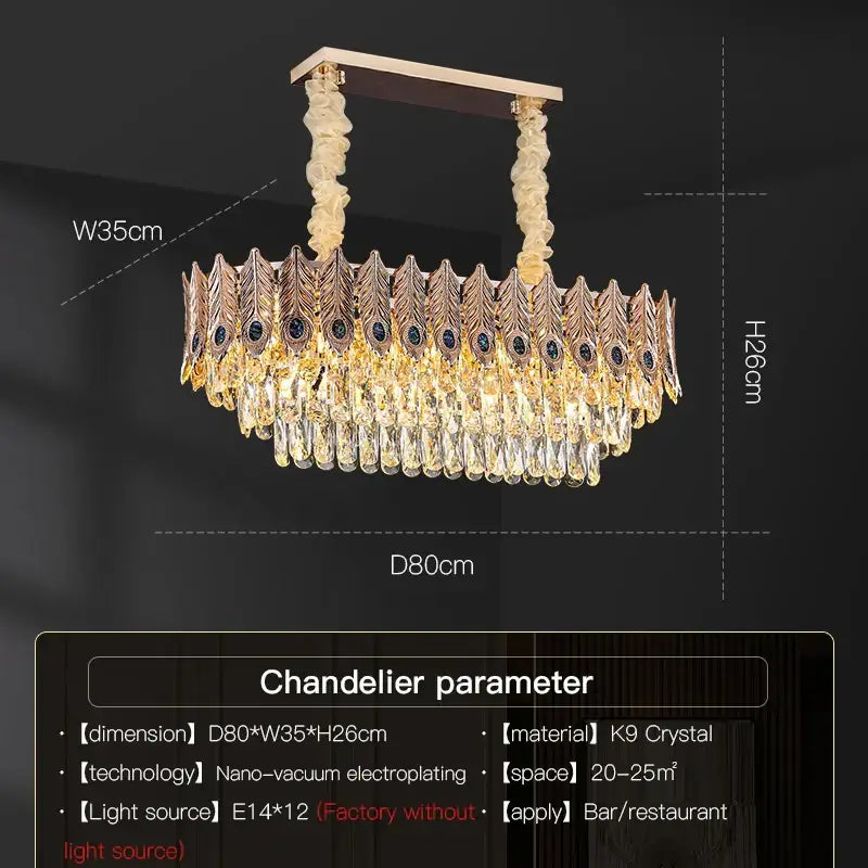 Gold-toned decorbites crystal chandelier with peacock feather design and cascading k9 crystal droplets for elegant lighting