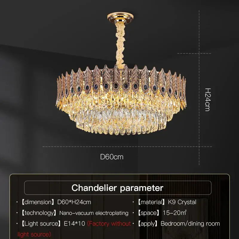 Gold-toned decorbites crystal chandelier with intricate feather-shaped k9 crystals for elegant bedroom and living room lighting