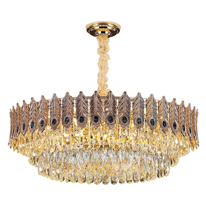 Decorbites crystal chandelier with golden feather design, cascading crystal droplets, and polished brass finish for elegant lighting