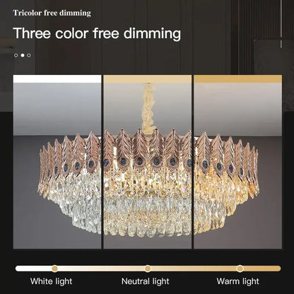 A luxurious gold-toned decorbites crystal chandelier with intricate feather-like metalwork and dimmable crystal droplets