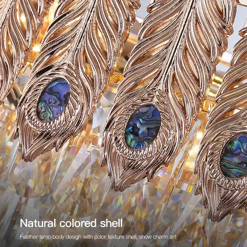 Golden feather-shaped decorbites crystal chandelier with iridescent blue green abalone shell inlays for elegant lighting