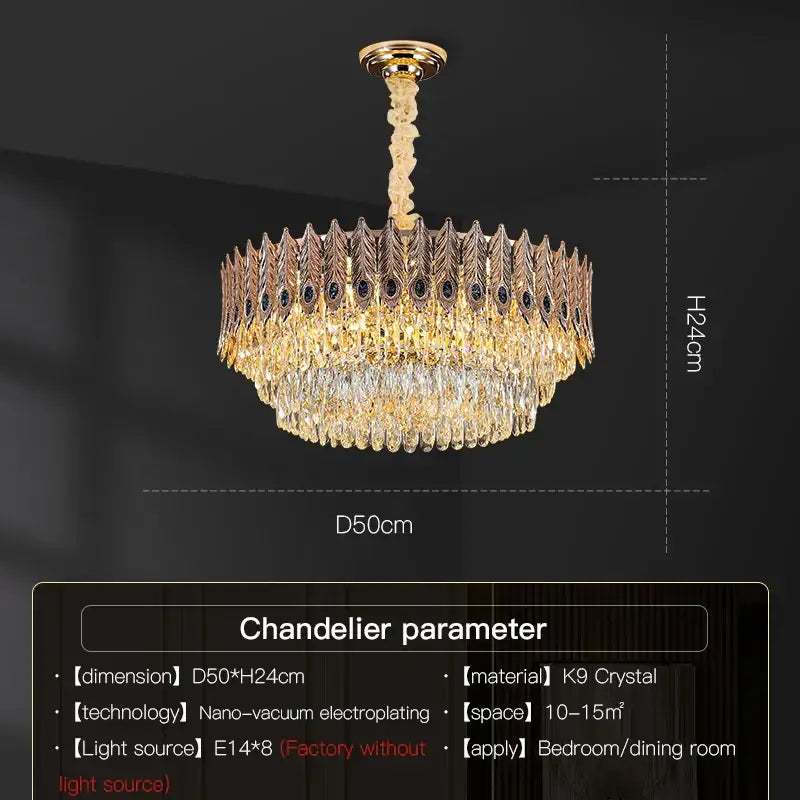 Decorbites crystal chandelier with intricate golden feather-like design and cascading clear k9 crystals for elegant lighting