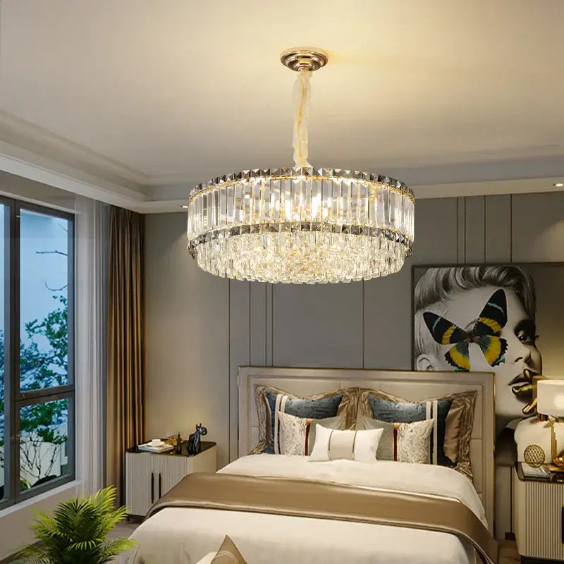 Decorbites crystal chandelier with gold-toned mount and clear faceted crystals for elegant modern lighting
