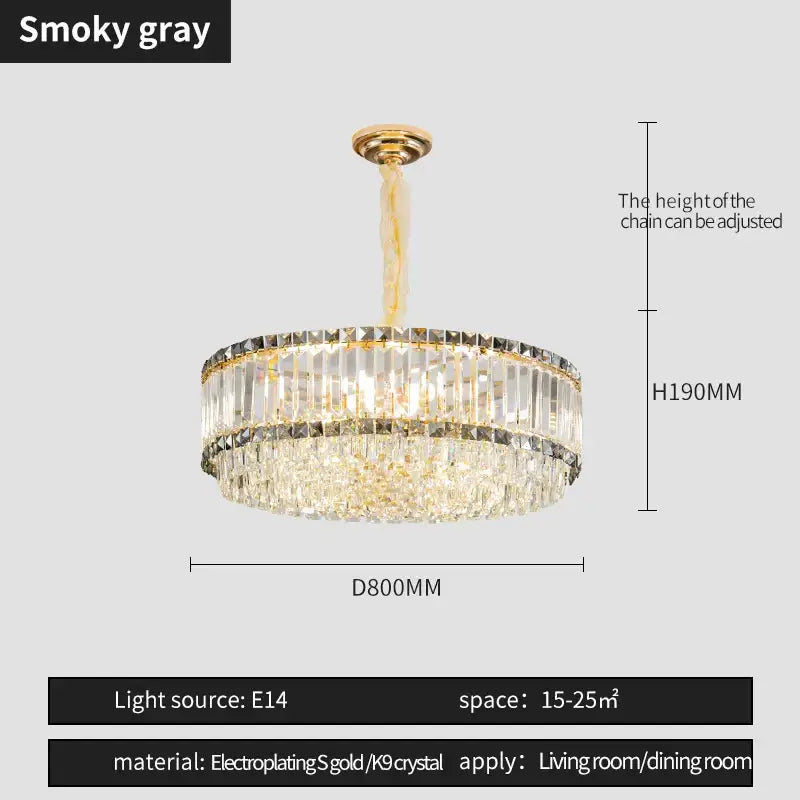 DecorBites crystal chandelier with smoky gray frame and clear k9 crystal tiers for elegant living and dining rooms