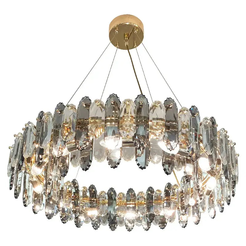 Two-tiered gold-toned decorbites crystal chandelier with faceted clear crystals for living dining and bedroom lighting