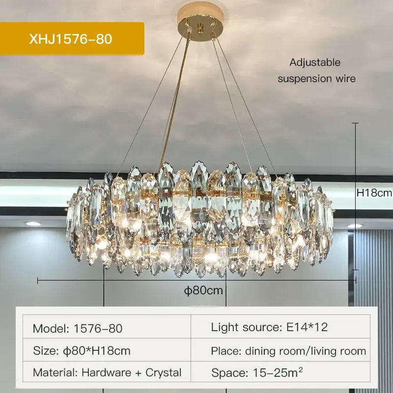 Elegant gold-toned decorbites crystal chandelier with cascading crystal droplets and circular frame for living spaces