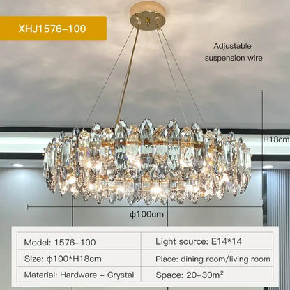 A luxurious gold-toned decorbites crystal chandelier with multi-tiered faceted prisms for living and dining spaces