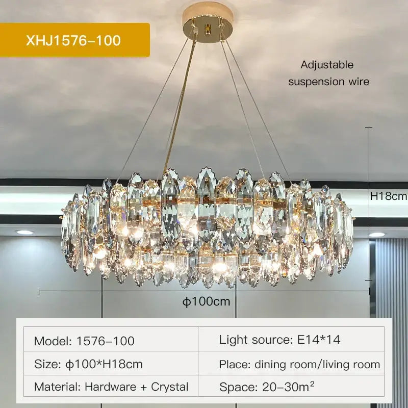 A luxurious gold-toned decorbites crystal chandelier with multi-tiered faceted prisms for living and dining spaces