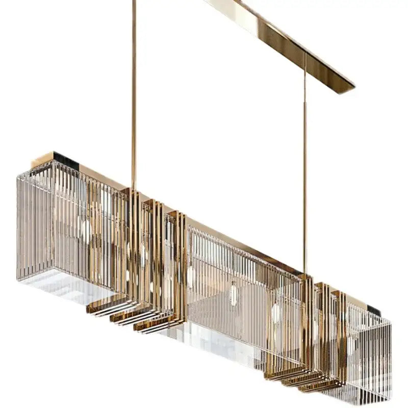 DecorBites crystal chandelier with gold-toned rectangular frame and vertical crystal rods for elegant interior decoration