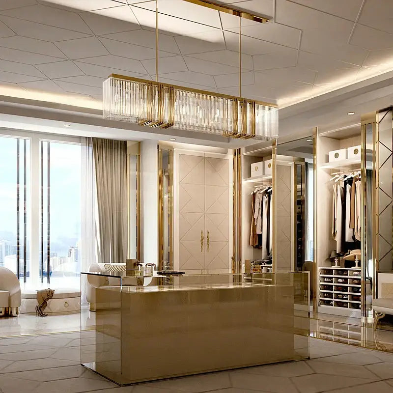 Gold-toned rectangular decorbites crystal chandelier with vertical crystal prisms for elegant interior decoration