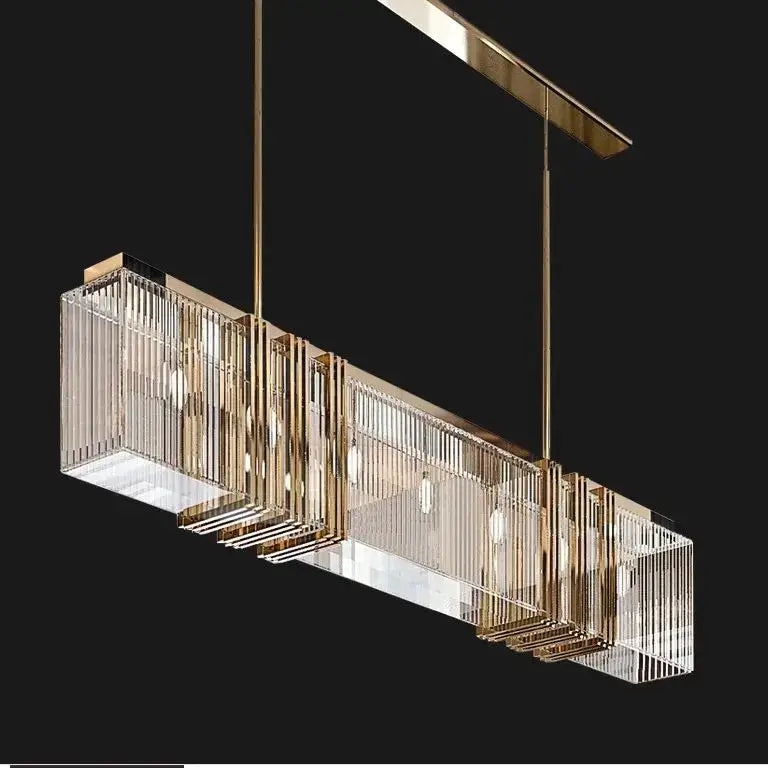Gold-toned decorbites crystal chandelier with vertical crystal rods and recessed lighting for elegant interior decoration