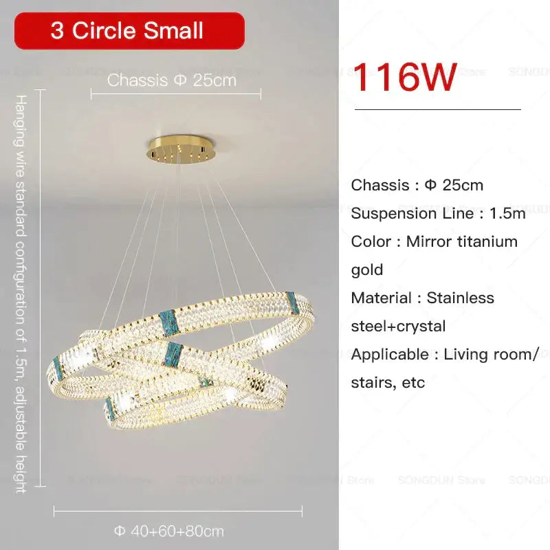 Gold-toned decorbites crystal chandelier with three-tiered circular design and stainless steel construction for living room use