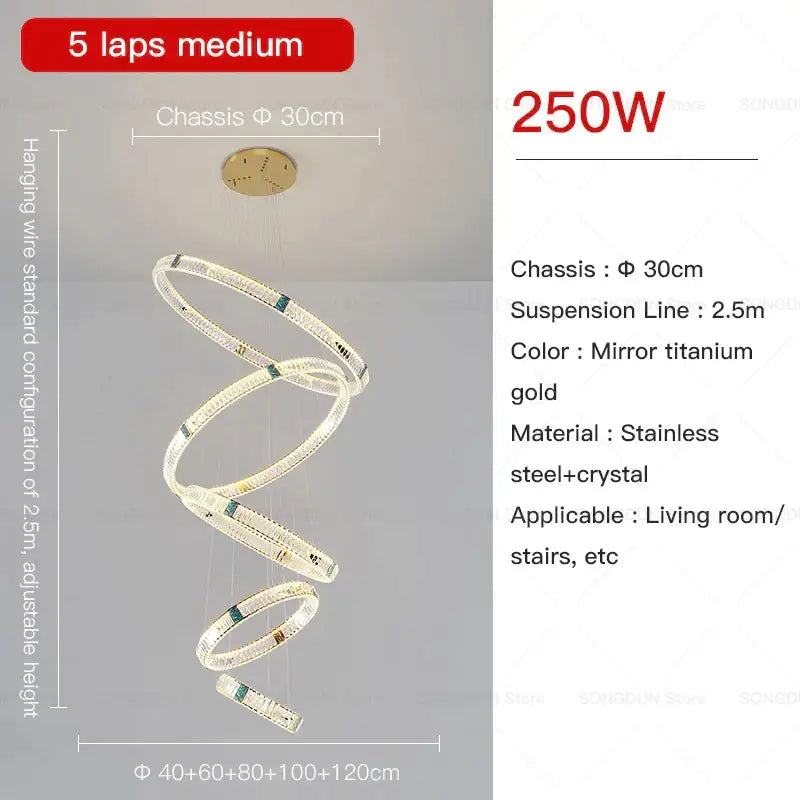 Elegant decorbites crystal chandelier with five interlocking stainless steel and crystal rings in mirror titanium gold finish