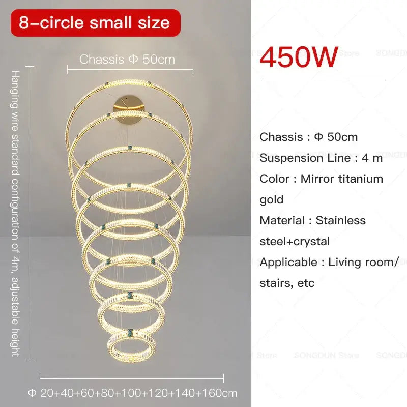 Decorbites crystal chandelier with eight gold-toned concentric rings adorned with crystals and led lights for elegant lighting