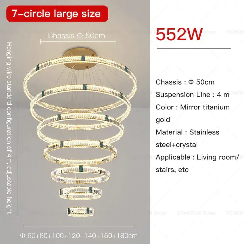 Elegant decorbites crystal chandelier with seven-circle titanium gold finish crafted from stainless steel and crystal