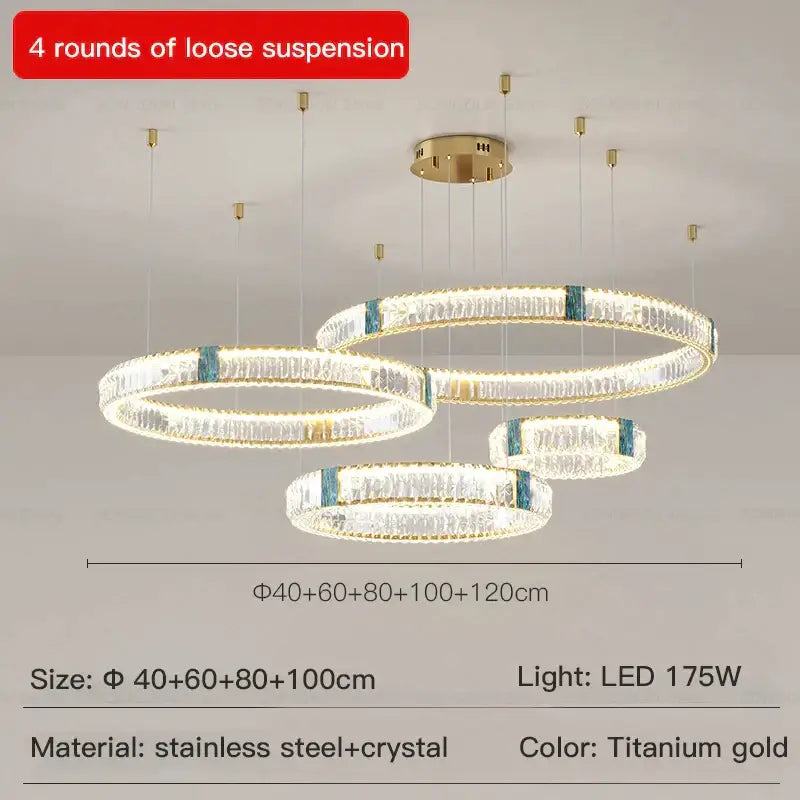 Modern decorbites crystal chandelier with four concentric clear crystal rings and titanium gold accents for elegant lighting