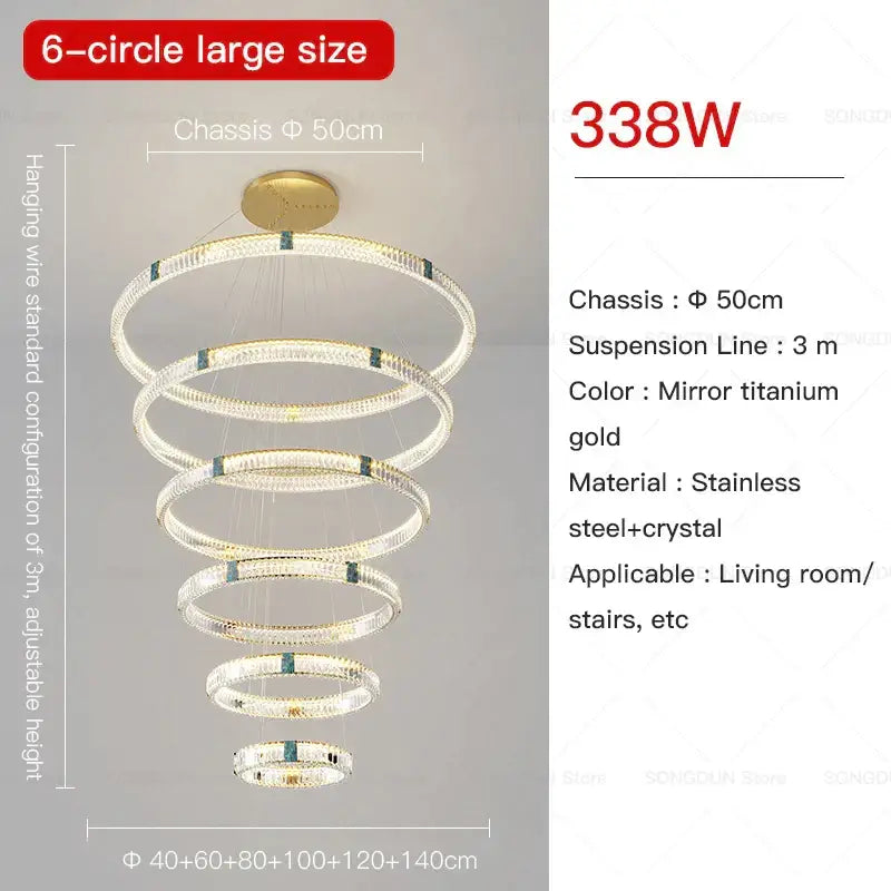 DecorBites crystal chandelier six-circle spiral with mirror titanium gold finish and stainless steel crystal rings for elegant lighting