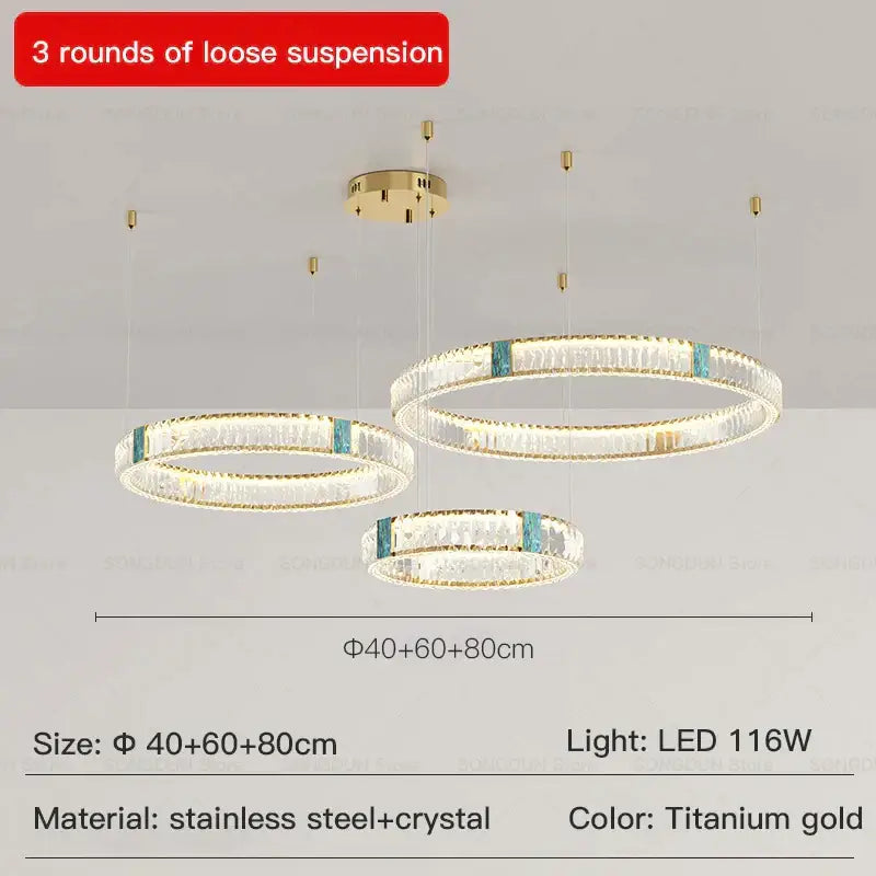 Modern tiered circular decorbites crystal chandelier with clear crystal rings and titanium gold accents for living rooms and restaurants