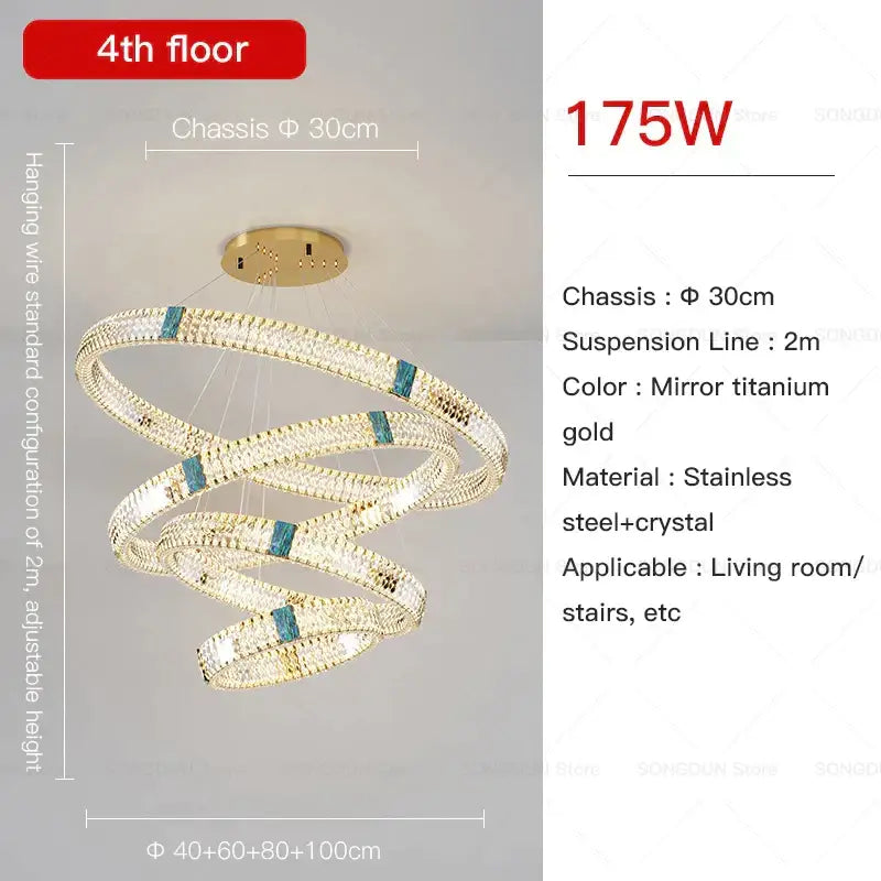 A decorbites crystal chandelier with multiple concentric clear crystal rings in mirror titanium gold stainless steel frame