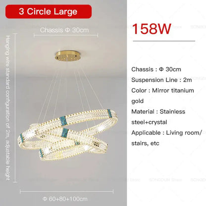 Decorbites crystal chandelier with three titanium gold circles and crystal accents for elegant living room lighting