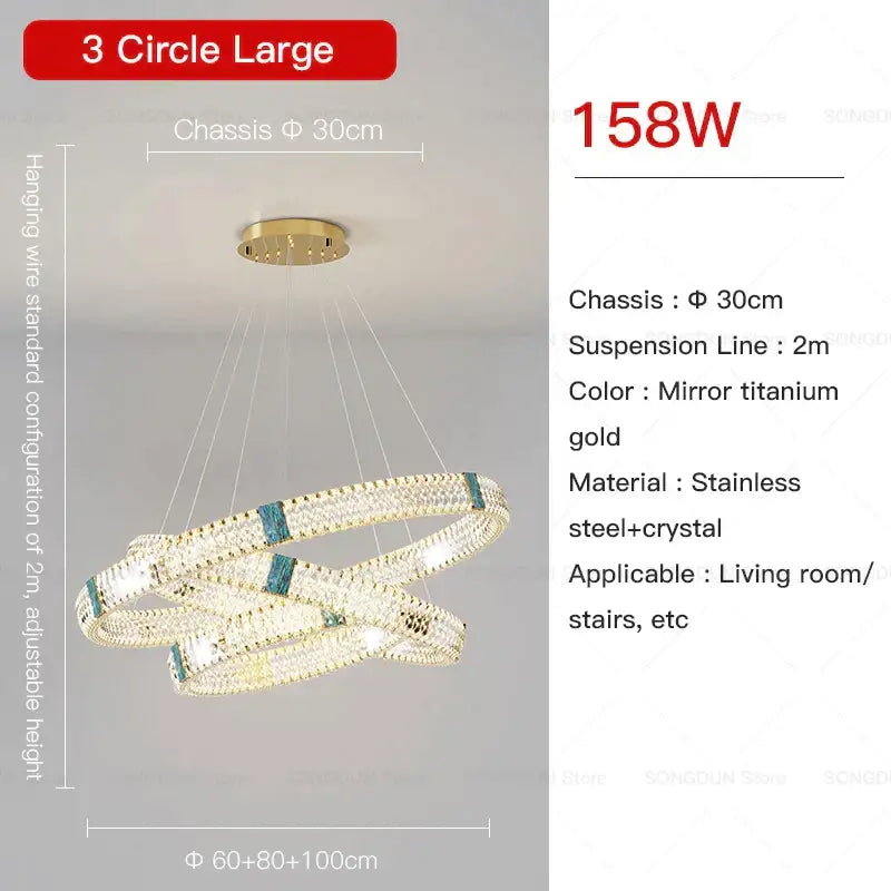 Decorbites crystal chandelier with three titanium gold circles and crystal accents for elegant living room lighting