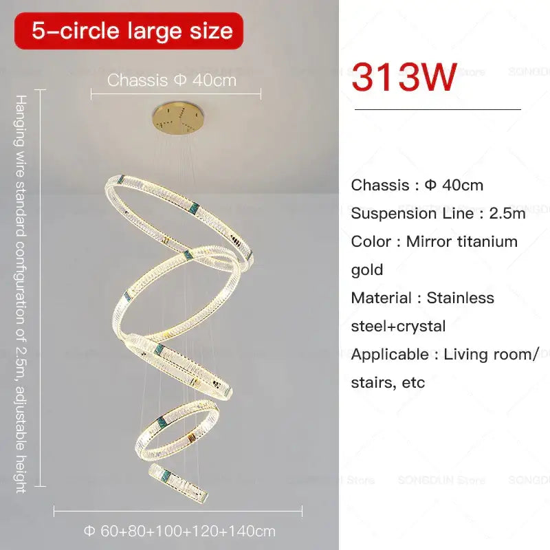 Elegant decorbites crystal chandelier with five interlocking mirror titanium gold rings and crystal for living room lighting