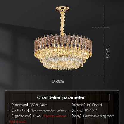 Golden decorbites crystal chandelier with intricate feather-like k9 crystals for elegant living room lighting