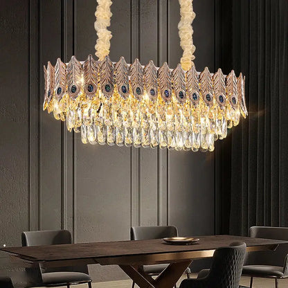 DecorBites crystal chandelier gold-toned peacock feather shape with dark blue gemstones for living room lighting