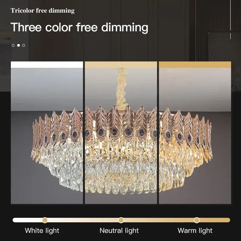 Luxurious gold-toned decorbites crystal chandelier with intricate feather metalwork and dimming for living room lighting