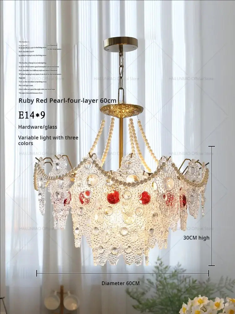 DecorBites crystal chandelier with golden frame cascading crystals and ruby pearl accents for elegant retro lighting