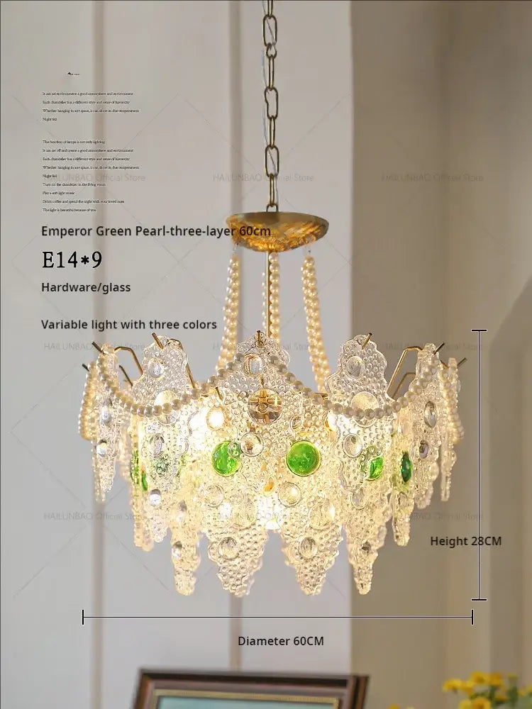 Emperor green pearl three-layer decorbites crystal chandelier with crystal glass and green accents for elegant lighting