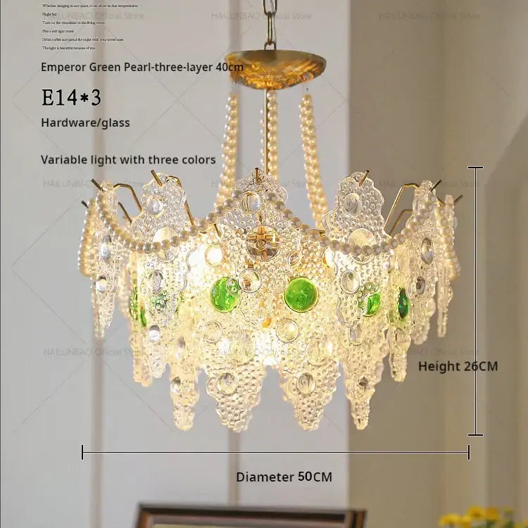 DecorBites crystal chandelier green pearl three-layer with gold hardware and crystal glass shades for elegant retro lighting