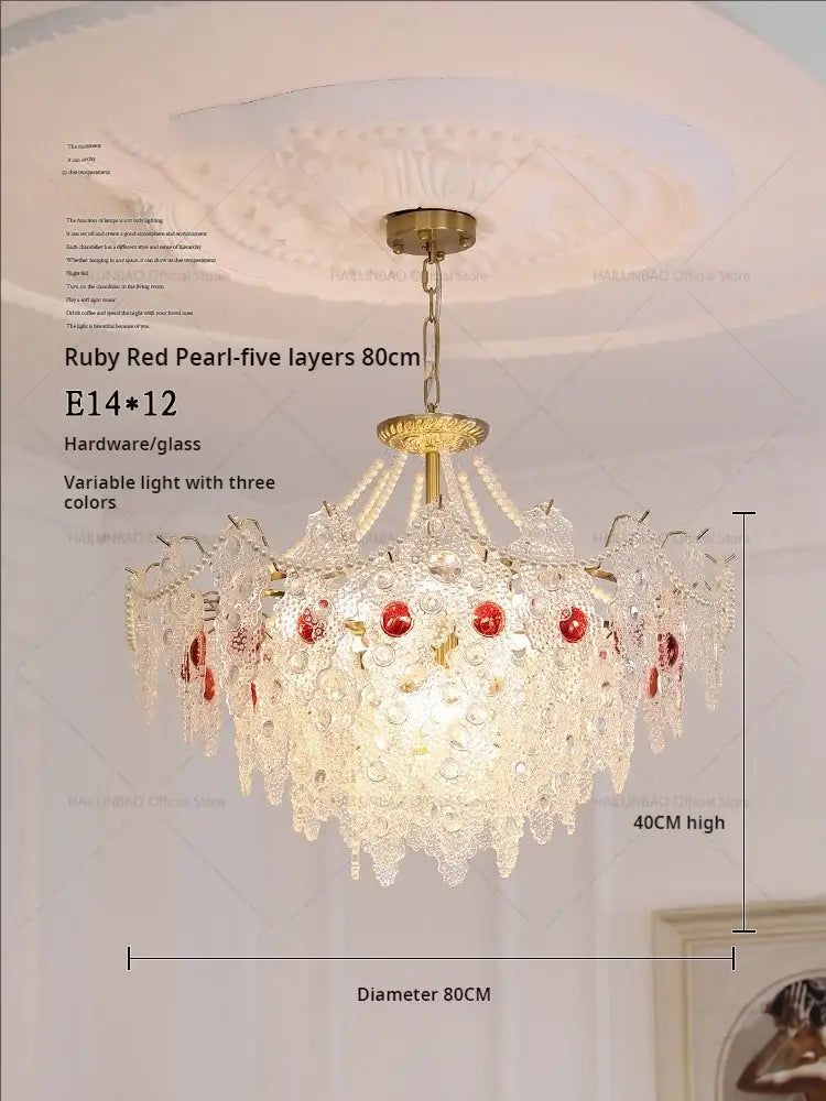 Elegant decorbites crystal chandelier with five layers of red and clear glass beads on gold-toned metal frame