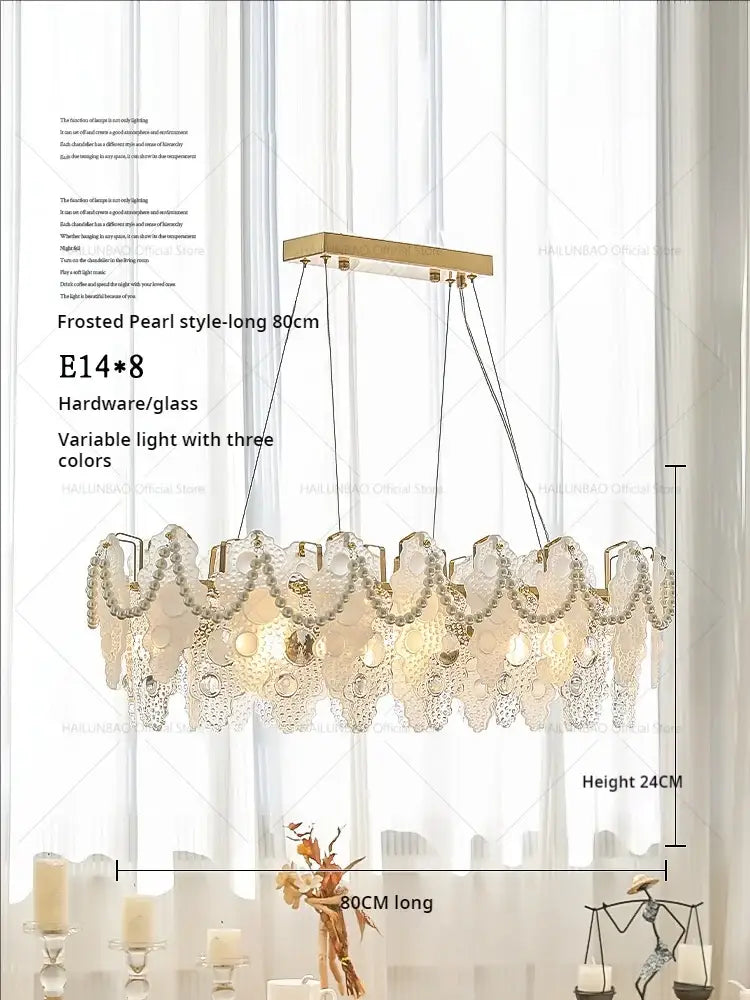 Frosted pearl-style decorbites crystal chandelier with gold metal frame and glass shades offering three color lighting options