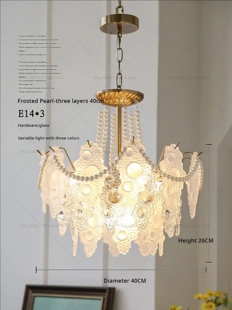 Elegant frosted pearl decorbites crystal chandelier with three layered glass shades and gold hardware for stylish lighting