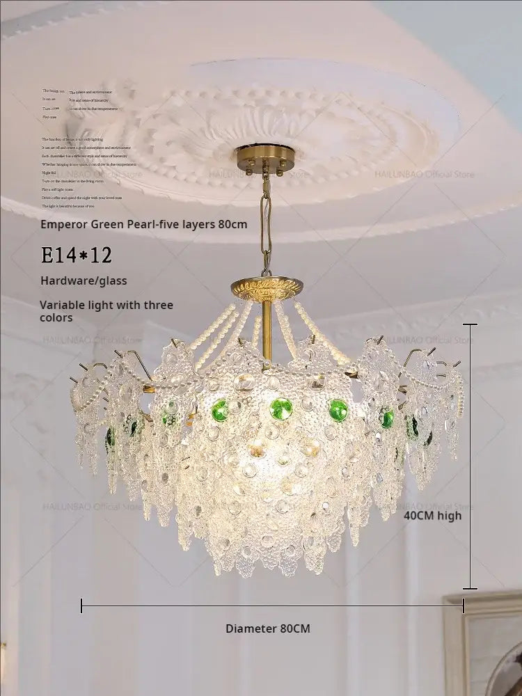 Emperor green pearl five-layer decorbites crystal chandelier with crystal droplets green gems and brass hardware for elegant lighting
