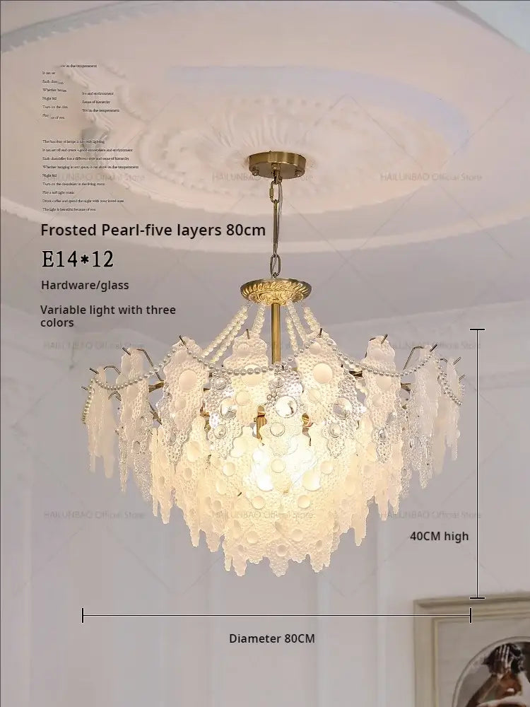 Frosted pearl decorbites crystal chandelier with five-tier gold metal frame and white glass beads for elegant lighting