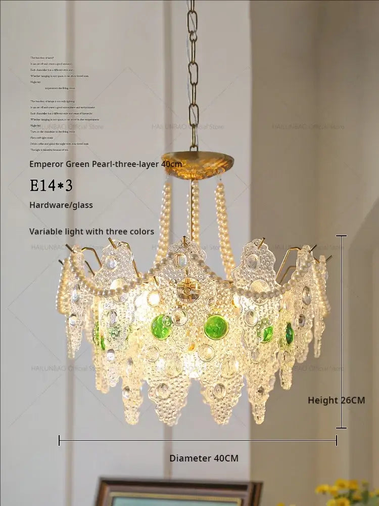 DecorBites crystal chandelier with golden base, clear and green glass pearlescent elements, and crystal beads for elegant retro lighting