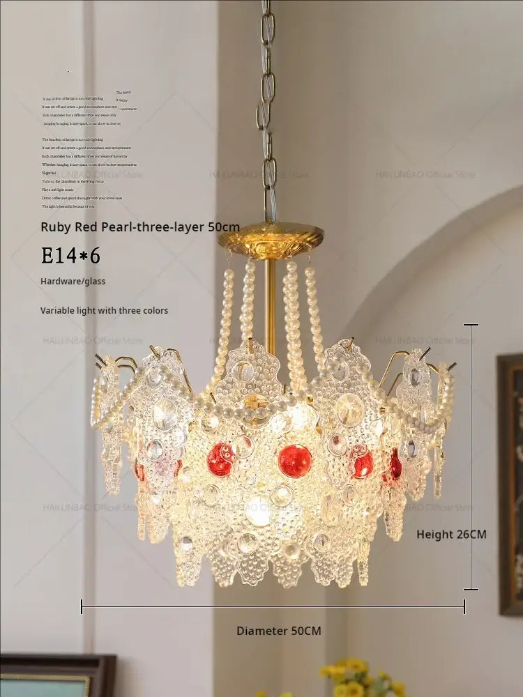 Elegant DecorBites crystal chandelier with gold hardware, crystal glass, and ruby pearls for bedroom and dining rooms