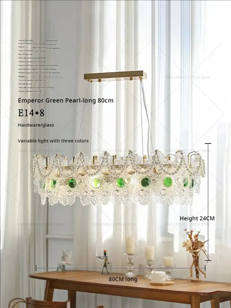 Emperor green pearl-long 80cm decorbites crystal chandelier with gold frame intricate crystal lace and green glass orbs