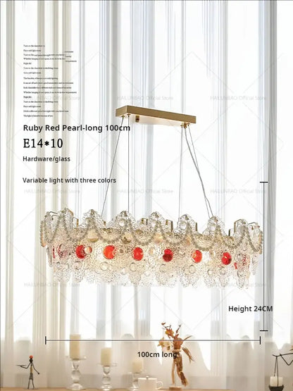 A 100cm decorbites crystal chandelier with gold hardware and red pearl accents for elegant retro lighting in various rooms